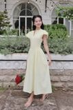 Đầm xòe cotton thêu vàng tay phồng dáng midi
