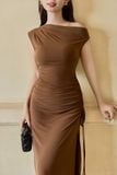 Đầm ôm thun rayon rút nhún dáng midi