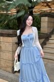 Đầm hai dây nhún xòe dáng midi