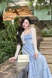 Đầm hai dây nhún xòe dáng midi