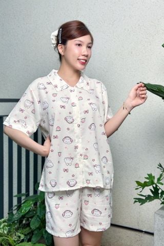 Bộ pyjama ngắn suông ngắn tay cotton nền kem họa tiết thỏ