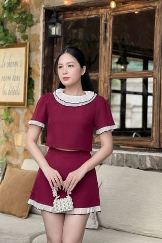 Set áo và chân váy dáng mini đỏ phối bèo