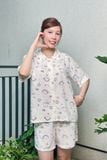 Bộ pyjama ngắn suông ngắn tay cotton nền kem họa tiết thỏ
