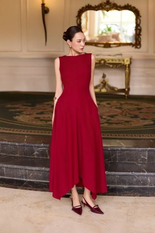 Đầm midi dáng xòe cotton lạnh xếp ly vai