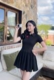 Đầm polo thun đen tùng nhún xòe dáng mini