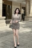 Đầm ôm tùng phối bèo tay dài xám dáng mini