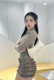 Đầm ôm tùng phối bèo tay dài xám dáng mini