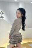 Đầm ôm tùng phối bèo tay dài xám dáng mini