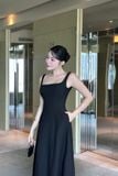 Đầm xòe cổ U dây bản dáng maxi đen
