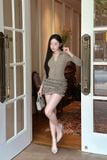 Đầm ôm tùng phối bèo tay dài xám dáng mini