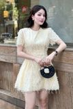 Đầm xòe mini thêu lưới tua rua ngắn tay
