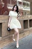 Đầm xòe mini thêu lưới tua rua ngắn tay