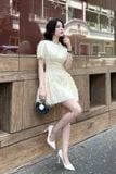 Đầm xòe mini thêu lưới tua rua ngắn tay