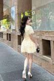 Đầm xòe mini thêu lưới tua rua ngắn tay