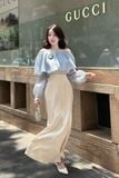 Áo kiểu bẹt vai voan xanh tay dài