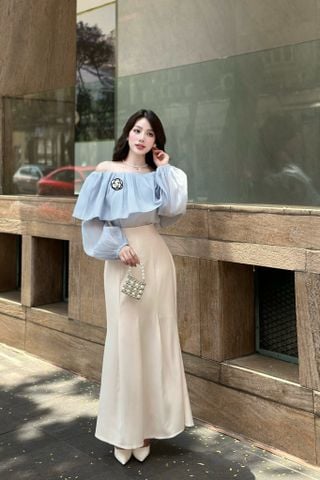 Chân váy đuôi cá cotton hàn kem dáng midi