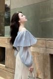 Áo kiểu bẹt vai voan xanh tay dài