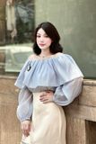 Áo kiểu bẹt vai voan xanh tay dài