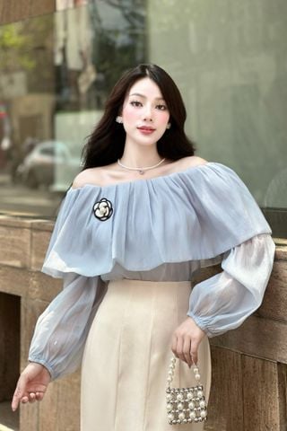 Áo kiểu bẹt vai voan xanh tay dài
