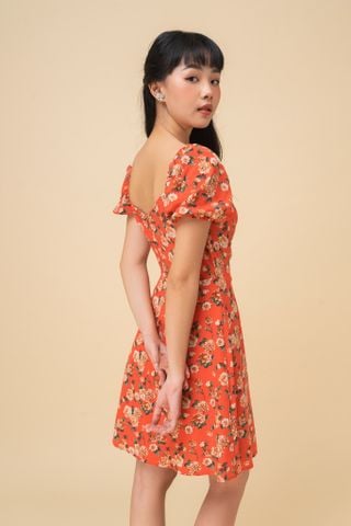 Đầm mini xòe lụa in hoa nền đỏ nhún cup rút dây nơ