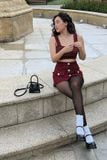 Chân váy chữ A tweed phối nẹp nút ngọc trai
