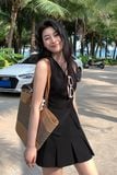 Set áo ghi lê chân váy xếp ly ngắn không tay gold nhật đen