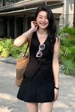 Set áo ghi lê chân váy xếp ly ngắn không tay gold nhật đen