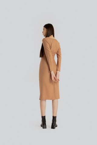 Đầm ôm lụa mango nâu phối xoắn kiểu