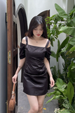 Đầm ôm oganza phối tay xếp li