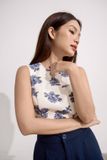 Áo croptop ôm kaki in hoa xanh nền trắng không tay