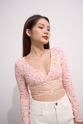 Áo croptop ôm thun hồng hoạ tiết cột dây