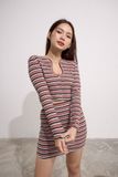 Áo croptop ôm thun sọc nhiều màu tay dài cổ kiểu