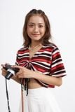 Áo croptop rộng thun sọc cutout cột nơ