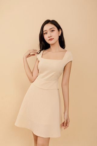 Đầm xòe linen thun be phối tà kiểu