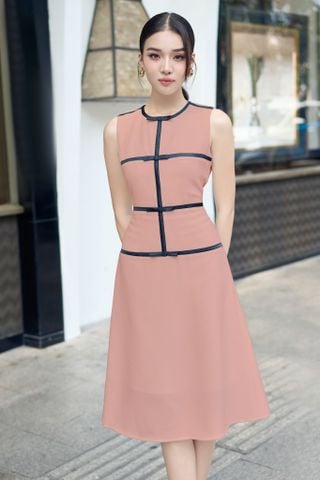 Đầm midi tuyết mưa phối viền nơ đen