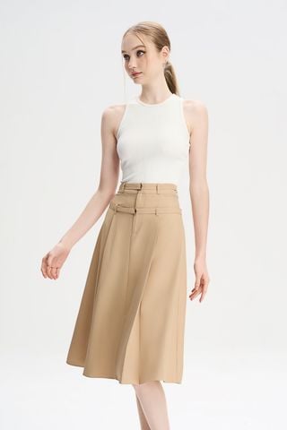 Chân váy midi xòe cotton lạnh dây lưng kiểu