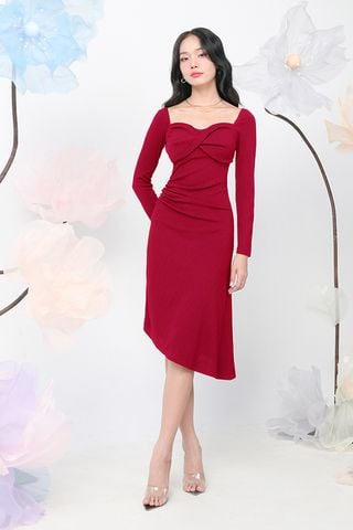 Đầm midi ôm thun sọc xoắn nơ ngực