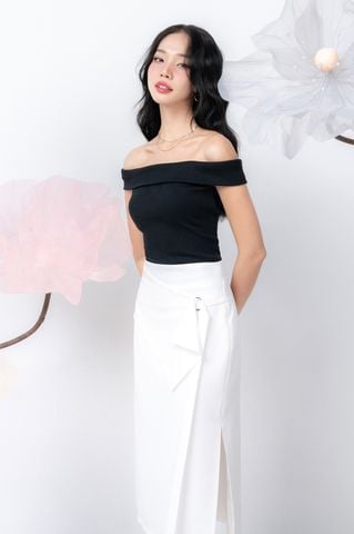 Chân váy midi cotton lạnh phối đắp tà