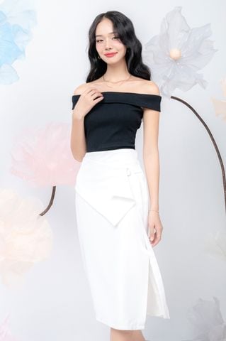 Chân váy midi cotton lạnh phối đắp tà