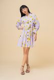 Đầm gài nút xòe cotton in hoa vàng nền tím phối nơ eo