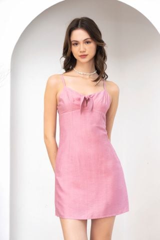 Đầm mini ôm linen hồng phối nơ cột kiểu