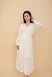 Đầm midi xòe cotton trắng cổ V phối nút trước