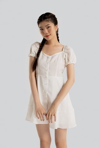 Đầm gài nút form A linen trắng ngắn