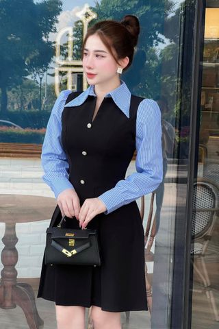 Đầm xòe cotton đen phối cổ sơ mi dáng mini