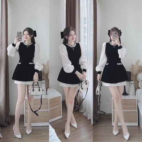 Đầm xòe nhung đen tay phối voan dáng mini