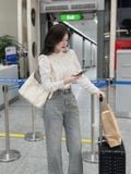 Áo sơ mi phối bèo cổ đính đá dáng ngắn tay dài