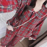 Bộ pijama dài kẻ caro đỏ cổ bèo tay dài