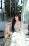 Đầm xòe ren xanh hai dây dáng midi