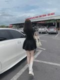 Đầm polo thun đen tùng nhún xòe dáng mini