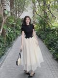 Đầm thun ôm đen tay ngắn tùng xòe dáng maxi